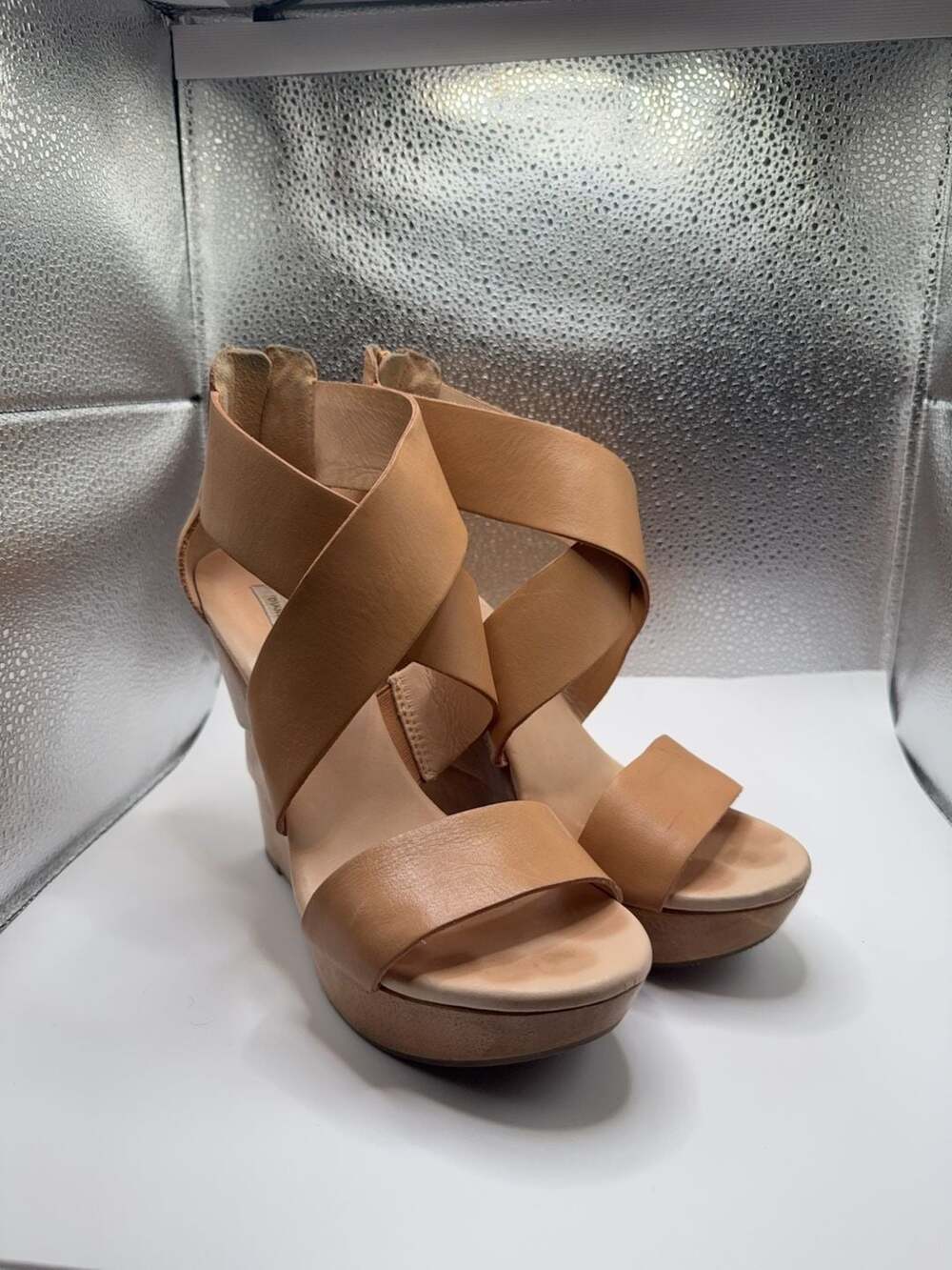 Diane von Furstenberg Tan Leather Crisscross Platform Wedge Sandals Size 8.5